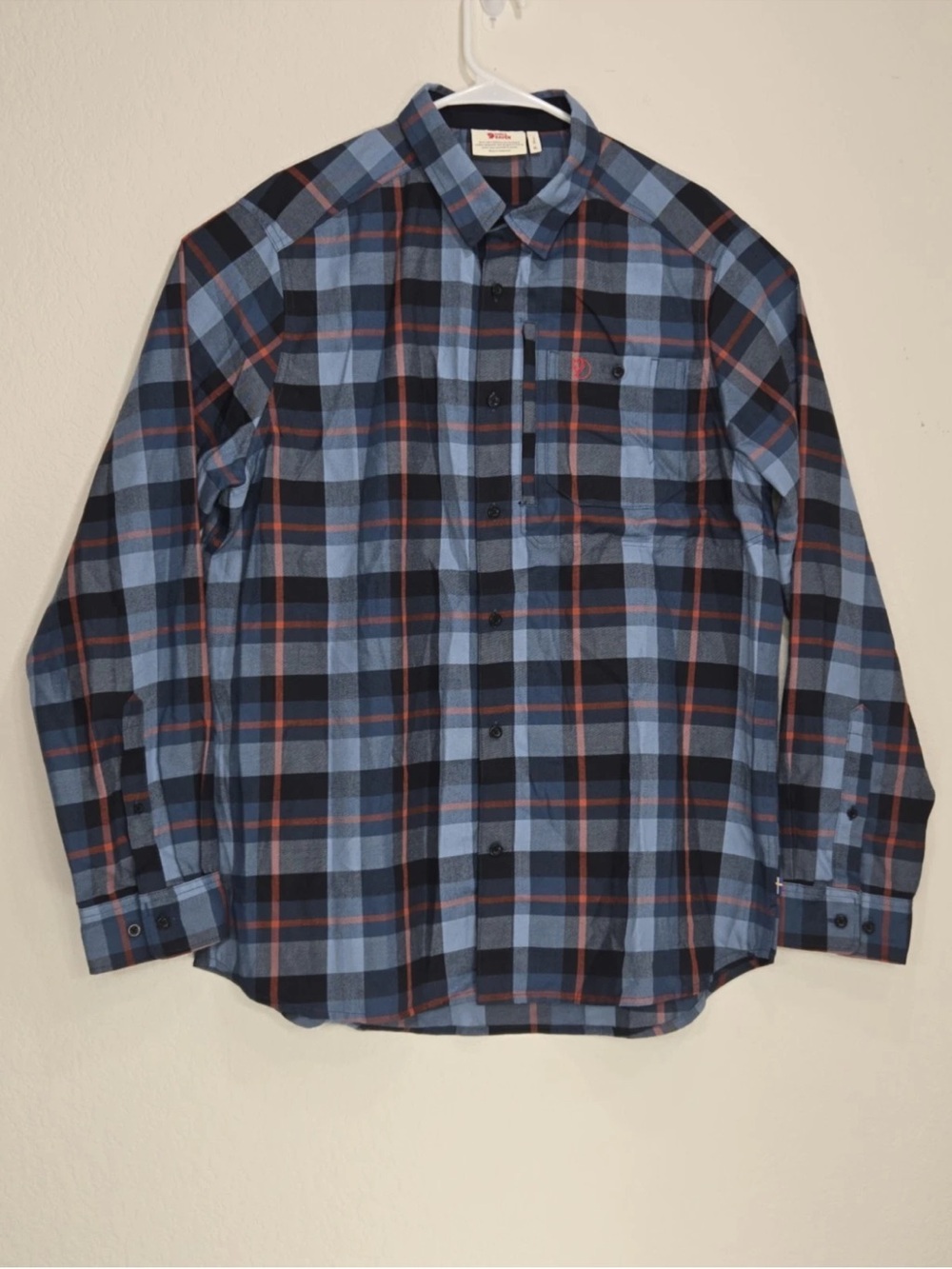 Fjallraven Fjallglim Shirt Blue Orange Plaid Flannel Button Down Size XL Mens